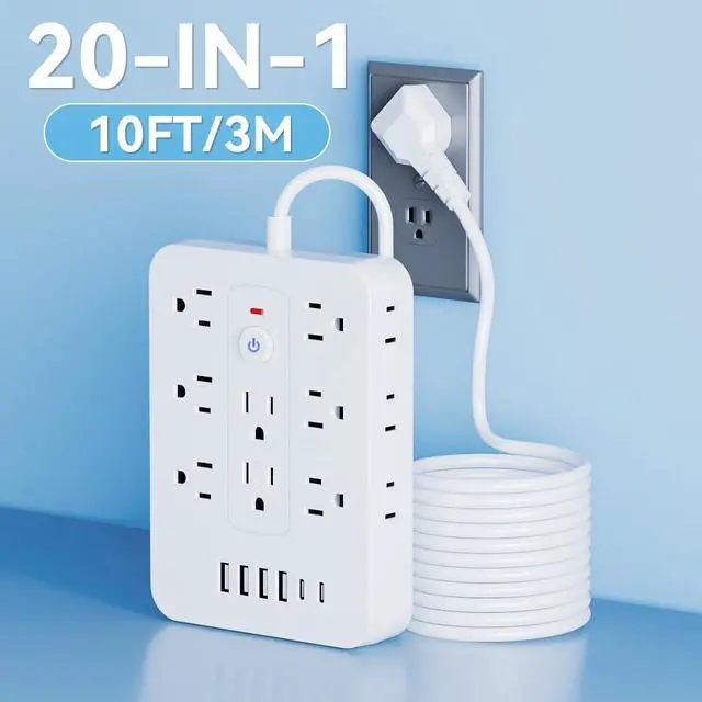 Alt view image 2 of 7 - 20-in-1 Power Strip with Overload Protection, Short Cord,5FT and 10FT, Black/White Color Options, 14 Standard US Sockets, 4 USB Ports, 2 Type-C Ports (White, 10FT)
