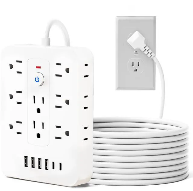 Main image of 20-in-1 Power Strip with Overload Protection, Short Cord,5FT and 10FT, Black/White Color Options, 14 Standard US Sockets, 4 USB Ports, 2 Type-C Ports (White, 10FT)
