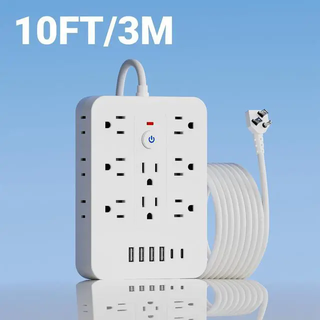 Alt view image 3 of 7 - 20-in-1 Power Strip with Overload Protection, Short Cord,5FT and 10FT, Black/White Color Options, 14 Standard US Sockets, 4 USB Ports, 2 Type-C Ports (White, 10FT)