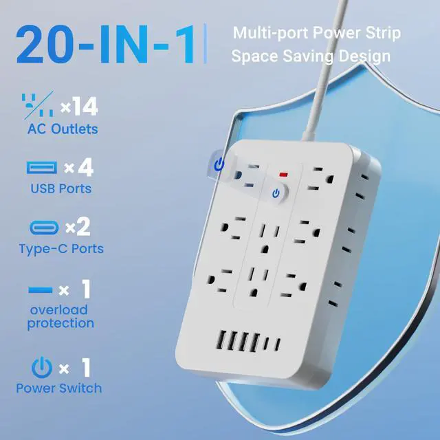 Alt view image 4 of 7 - 20-in-1 Power Strip with Overload Protection, Short Cord,5FT and 10FT, Black/White Color Options, 14 Standard US Sockets, 4 USB Ports, 2 Type-C Ports (White, 10FT)