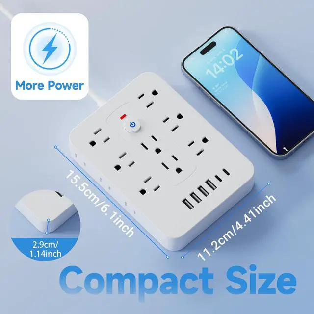 Alt view image 5 of 7 - 20-in-1 Power Strip with Overload Protection, Short Cord,5FT and 10FT, Black/White Color Options, 14 Standard US Sockets, 4 USB Ports, 2 Type-C Ports (White, 10FT)