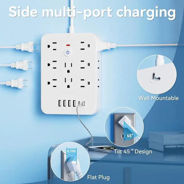 Alt view image 7 of 7 - 20-in-1 Power Strip with Overload Protection, Short Cord,5FT and 10FT, Black/White Color Options, 14 Standard US Sockets, 4 USB Ports, 2 Type-C Ports (White, 10FT)