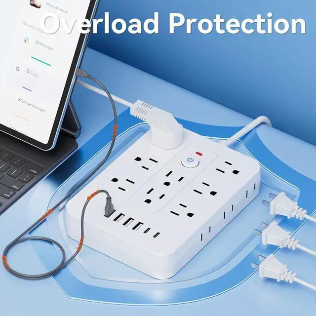 Alt view image 6 of 7 - 20-in-1 Power Strip with Overload Protection, Short Cord,5FT and 10FT, Black/White Color Options, 14 Standard US Sockets, 4 USB Ports, 2 Type-C Ports (White, 10FT)