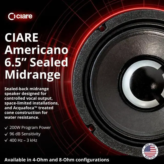 Alt view image 2 of 7 - Americano 6A200MS-8, 6.5 Sealed-Back Midrange Speaker 8 Ohm, 200W Car Audio Driver for Space-Limited Installs, 1.5 Voice Coil, Water & UV Resistant Cone, USA Made