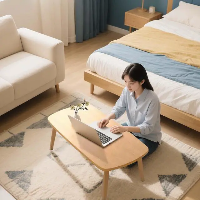 Alt view image 2 of 6 - 31.5" Large Folding Floor Desk for Sitting on Floor, Small Collapsible Coffee Table for Small Spaces, No Assembly Portable Laptop Desk for Bed, Couch & Living Room, Sturdy MDF Wood Grain