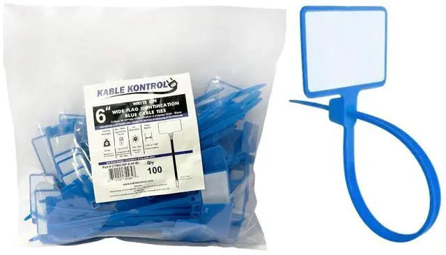 Main image of Write-On Flag Identification Zip Ties, 6 Inch 100 Pcs - Blue | Cable Markers 17/8" x 11/8" Writable Wide Flag SelfLocking Nylon Marker Cable Ties for Cable Labeling