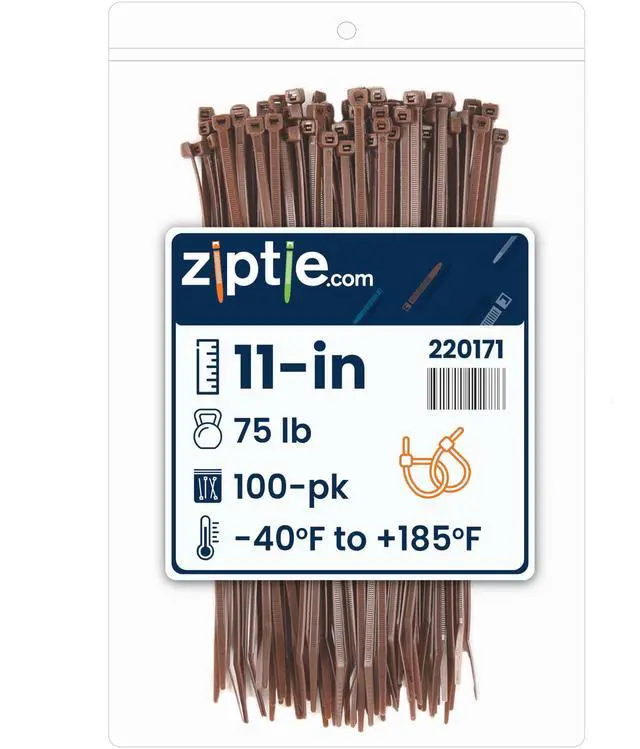 Main image of 11-Inch Dark Brown Nylon Multi-Purpose Zip Ties - 75-lb Tensile Strength Cord Management - UL 21S Listed Tie Wraps - Indoor Multi-Purpose (100-Pack)