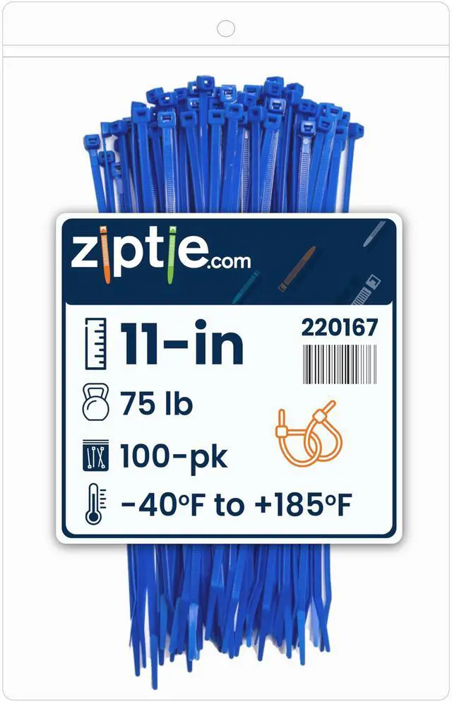 Main image of 11-Inch Blue Nylon Multi-Purpose Zip Ties - 75-lb Tensile Strength Cord Management - UL 21S Listed Tie Wraps - Indoor Multi-Purpose (100-Pack)