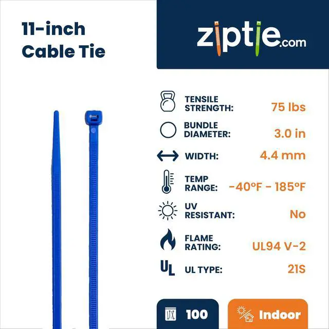 Alt view image 2 of 7 - 11-Inch Blue Nylon Multi-Purpose Zip Ties - 75-lb Tensile Strength Cord Management - UL 21S Listed Tie Wraps - Indoor Multi-Purpose (100-Pack)