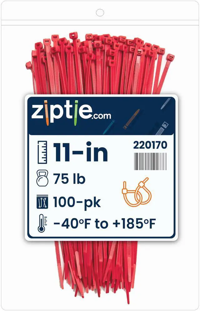 Main image of 11-Inch Red Nylon Multi-Purpose Zip Ties - 75-lb Tensile Strength Cord Management - UL 21S Listed Tie Wraps - Indoor Multi-Purpose (100-Pack)
