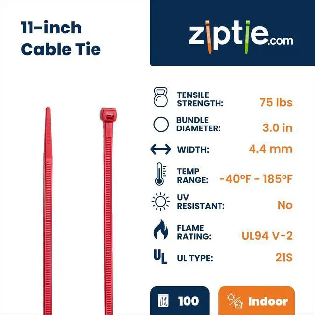 Alt view image 2 of 7 - 11-Inch Red Nylon Multi-Purpose Zip Ties - 75-lb Tensile Strength Cord Management - UL 21S Listed Tie Wraps - Indoor Multi-Purpose (100-Pack)