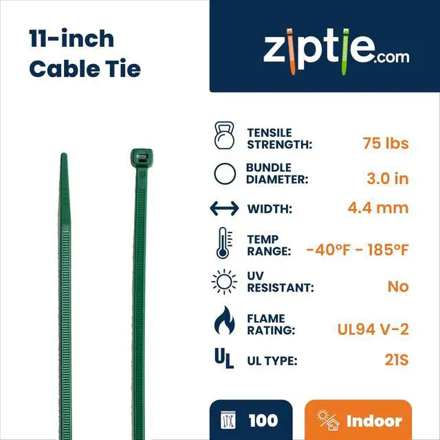 Alt view image 2 of 7 - 11-Inch Dark Green Nylon Multi-Purpose Zip Ties - 75-lb Tensile Strength Cord Management - UL 21S Listed Tie Wraps - Indoor Multi-Purpose (100-Pack)
