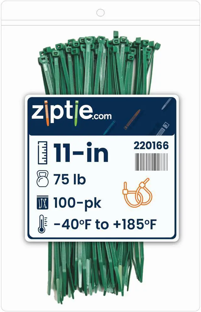 Main image of 11-Inch Dark Green Nylon Multi-Purpose Zip Ties - 75-lb Tensile Strength Cord Management - UL 21S Listed Tie Wraps - Indoor Multi-Purpose (100-Pack)