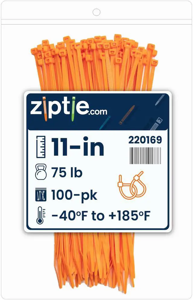 Main image of 11-Inch Fluoresent Orange Nylon Multi-Purpose Zip Ties - 75-lb Tensile Strength Cord Management - UL 21S Listed Tie Wraps - Indoor Multi-Purpose (100-Pack)