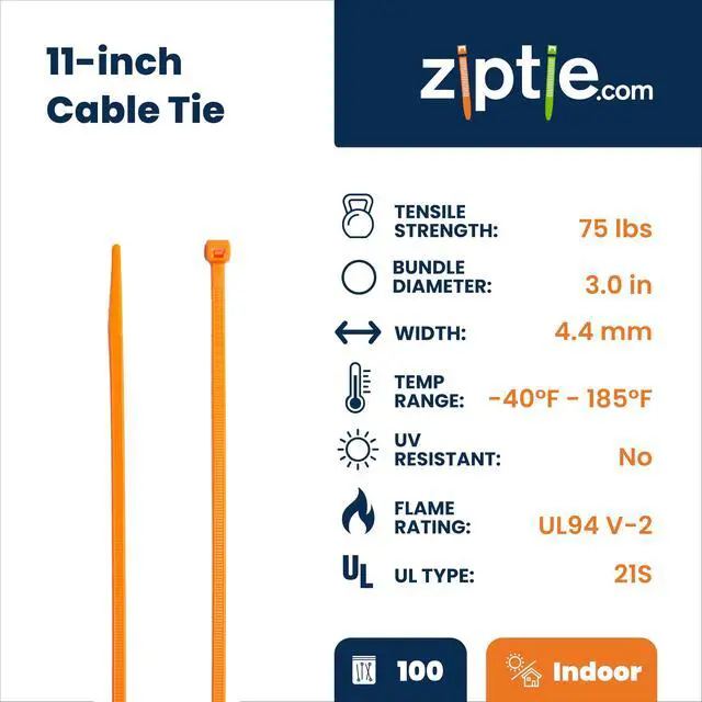 Alt view image 2 of 7 - 11-Inch Fluoresent Orange Nylon Multi-Purpose Zip Ties - 75-lb Tensile Strength Cord Management - UL 21S Listed Tie Wraps - Indoor Multi-Purpose (100-Pack)