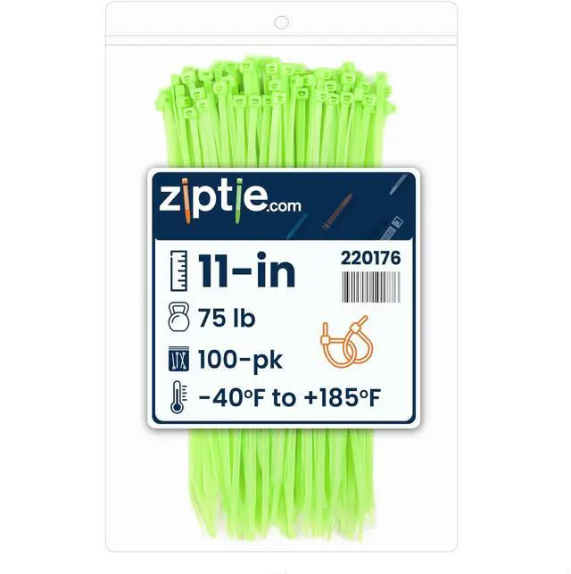 Main image of 11-Inch Fluorescent Green Nylon Multi-Purpose Zip Ties - 75-lb Tensile Strength Cord Management - UL 21S Listed Tie Wraps - Indoor Multi-Purpose (100-Pack)