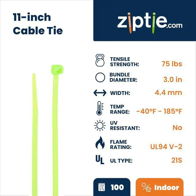 Alt view image 2 of 7 - 11-Inch Fluorescent Green Nylon Multi-Purpose Zip Ties - 75-lb Tensile Strength Cord Management - UL 21S Listed Tie Wraps - Indoor Multi-Purpose (100-Pack)