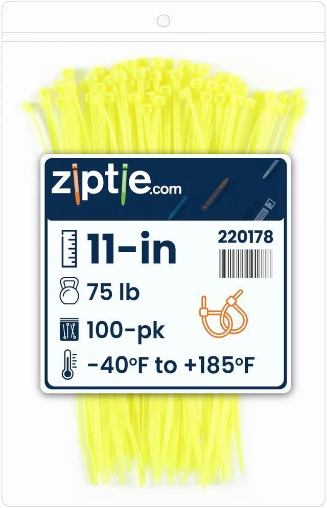 Main image of 11-Inch Fluorescent Yellow Nylon Multi-Purpose Zip Ties - 75-lb Tensile Strength Cord Management - UL 21S Listed Tie Wraps - Indoor Multi-Purpose (100-Pack)