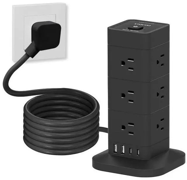 Main image of ® 16-in-1 Tower Power Strip, Surge Protector Outlet Tower with 12 AC & 2 USB Ports, 2 USB-C, 6.5 Ft Cord, Charging Station, Power Tower with USB Ports, Compact Flat Plug (Black)