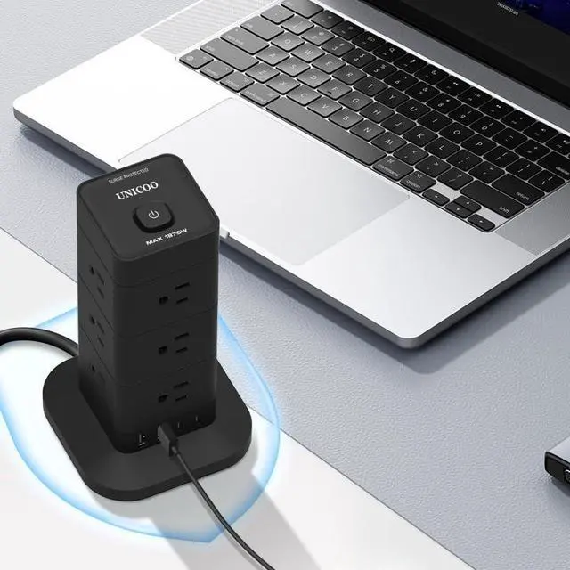 Alt view image 2 of 7 - ® 16-in-1 Tower Power Strip, Surge Protector Outlet Tower with 12 AC & 2 USB Ports, 2 USB-C, 6.5 Ft Cord, Charging Station, Power Tower with USB Ports, Compact Flat Plug (Black)