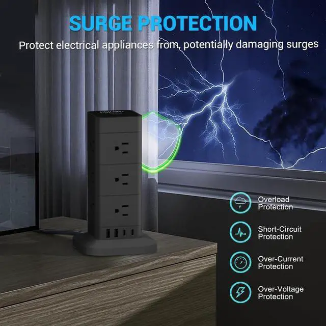 Alt view image 3 of 7 - ® 16-in-1 Tower Power Strip, Surge Protector Outlet Tower with 12 AC & 2 USB Ports, 2 USB-C, 6.5 Ft Cord, Charging Station, Power Tower with USB Ports, Compact Flat Plug (Black)