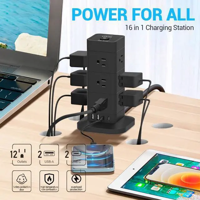 Alt view image 4 of 7 - ® 16-in-1 Tower Power Strip, Surge Protector Outlet Tower with 12 AC & 2 USB Ports, 2 USB-C, 6.5 Ft Cord, Charging Station, Power Tower with USB Ports, Compact Flat Plug (Black)