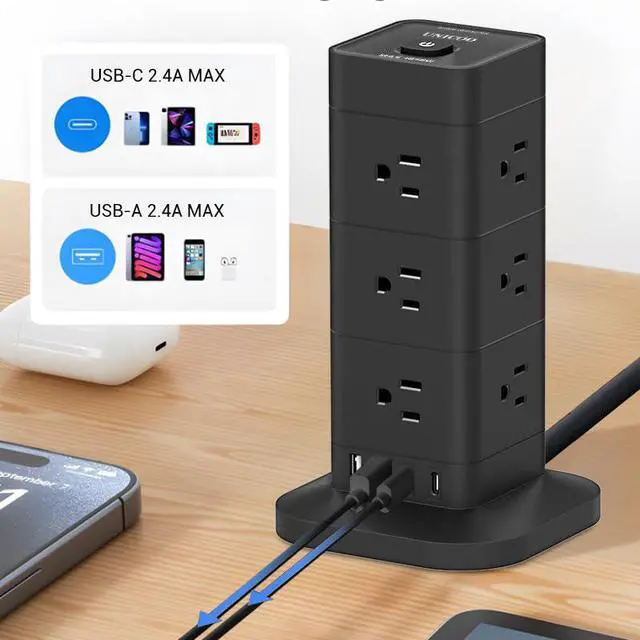 Alt view image 5 of 7 - ® 16-in-1 Tower Power Strip, Surge Protector Outlet Tower with 12 AC & 2 USB Ports, 2 USB-C, 6.5 Ft Cord, Charging Station, Power Tower with USB Ports, Compact Flat Plug (Black)