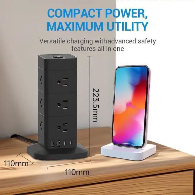 Alt view image 6 of 7 - ® 16-in-1 Tower Power Strip, Surge Protector Outlet Tower with 12 AC & 2 USB Ports, 2 USB-C, 6.5 Ft Cord, Charging Station, Power Tower with USB Ports, Compact Flat Plug (Black)