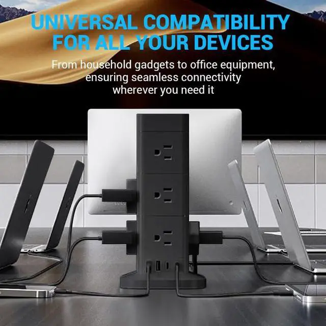 Alt view image 7 of 7 - ® 16-in-1 Tower Power Strip, Surge Protector Outlet Tower with 12 AC & 2 USB Ports, 2 USB-C, 6.5 Ft Cord, Charging Station, Power Tower with USB Ports, Compact Flat Plug (Black)