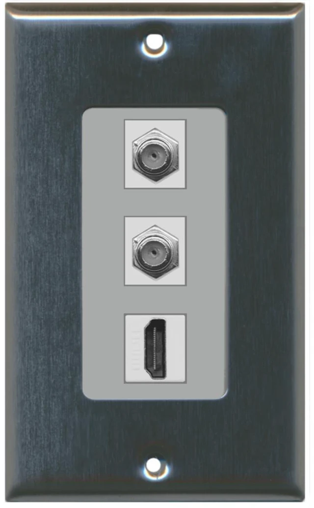 Main image of 1 Port HDMI 2 Port Coax Cable TV- F-Type Decorative Wall Plate - Stainless Steel/Gray