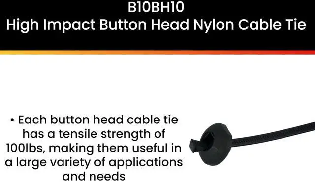 Alt view image 3 of 6 - Pro Tie Button Head Nylon Cable Ties for Indoor and Outdoor Use |9.65-Inch, 100lbs. Tensile Strength, High Impact Black Nylon, 10-Pack (PN: B10BH10)