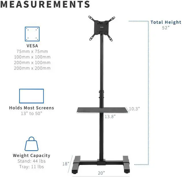Alt view image 2 of 7 - Black TV Floor Stand w/Shelf for 13 to 50 inch Screens, STAND-TV07-S | Adjustable TV Stand with Storage for LCD LED OLED 4K Smart Flat and Curved Monitor Panels, Max VESA 200x200, Holds 44 lbs