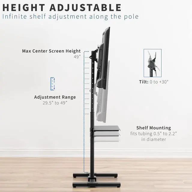 Alt view image 3 of 7 - Black TV Floor Stand w/Shelf for 13 to 50 inch Screens, STAND-TV07-S | Adjustable TV Stand with Storage for LCD LED OLED 4K Smart Flat and Curved Monitor Panels, Max VESA 200x200, Holds 44 lbs