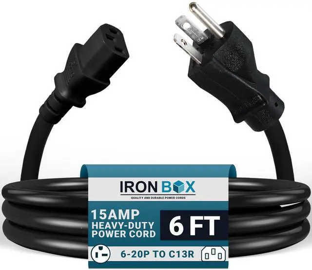 Main image of IronBox Electric - NEMA 6-20P Plug to IEC C13 Power Cord - 15A/250V, 14/3 AWG - UL Listed Heavy Duty Power Cord - Replacement Cords for Monitor, Computer, Printer, Audio Speaker & More (6ft, Molded)