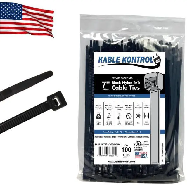 Main image of Made in USA Cable Ties, 7 Inch 100 Pcs, 50 Lbs Test Black | Self-locking Zip Ties UV Resistant Plastic Nylon Wire Ties, for Indoor or Outdoor Use