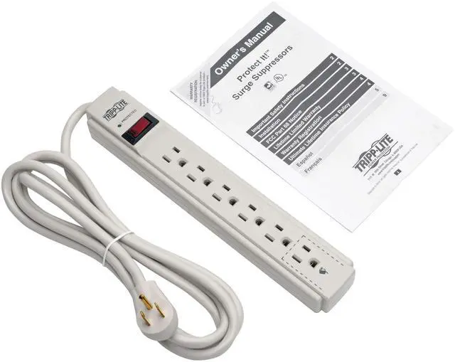 Alt view image 4 of 7 - Surge Protector Power Strip 120V 6 Outlet 8' Cord 990 Joule Flat Plug Gray