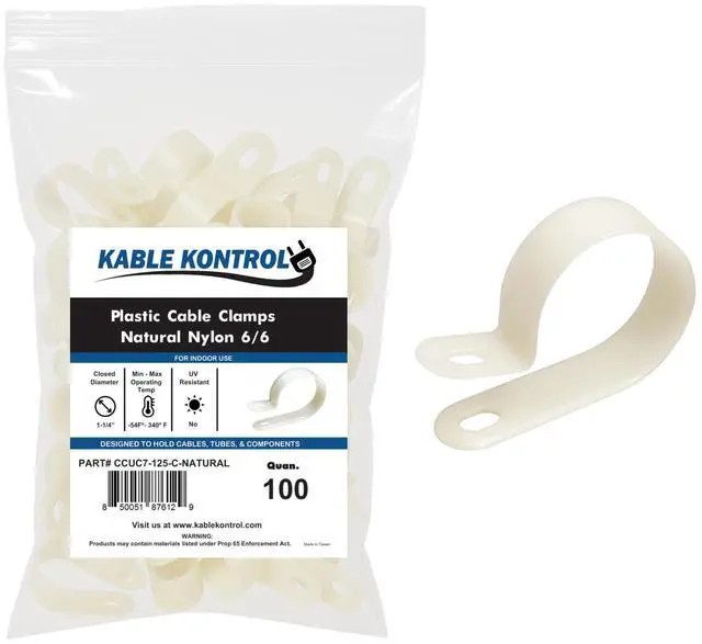 Main image of Nylon Cable Clamps RType 1-1/4 Diameter 100 Pcs - Nylon 6-6 Screw Mount Wire Clamps Cord Clips Mounting Fastener Clips Cord Clamp for Industrial & Automotive Use - White/Natural
