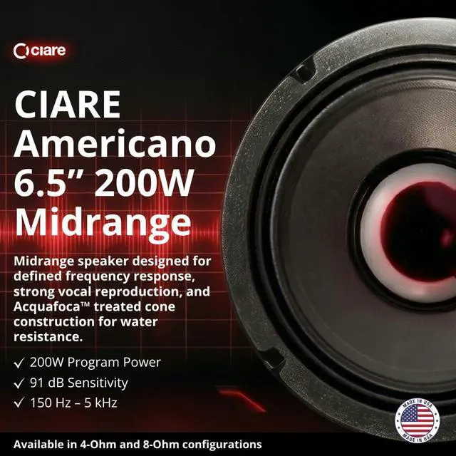 Alt view image 2 of 7 - Americano 6A200M-8, 6.5 Midrange Speaker 8 Ohm, 200W Midrange Driver, 1.5 Voice Coil, Vented Steel Basket, Water & UV Resistant Cone, Mobile & Pro Audio, USA Made