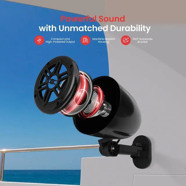 Alt view image 3 of 7 - 4 Waterproof Off-Road Speakers - 150W 2-Way Marine Woofer Sound System w/ 360° Rotatable Bracket, Full Range Outdoor Audio Stereo Speaker for Motorcycle ATV Jeep Boat, Includes Brackets (Black)