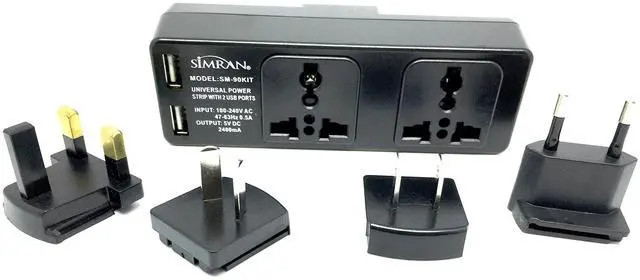 Main image of SM-90KIT Universal Power Strip Worldwide Travel 100V-250V Surge Protector with 2-AC Outlets, 2-USB Ports and UK/USA/AU/EU Plugs Plus Carrying Case