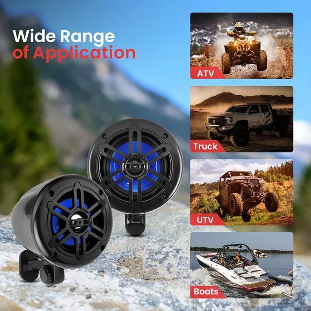 Alt view image 6 of 7 - 4 Waterproof Off-Road Speakers - 150W 2-Way Marine Woofer Sound System w/ 360° Rotatable Bracket, Full Range Outdoor Audio Stereo Speaker for Motorcycle ATV Jeep Boat, Includes Brackets (Black)