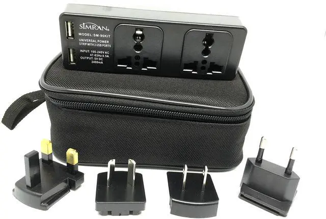 Alt view image 3 of 4 - SM-90KIT Universal Power Strip Worldwide Travel 100V-250V Surge Protector with 2-AC Outlets, 2-USB Ports and UK/USA/AU/EU Plugs Plus Carrying Case