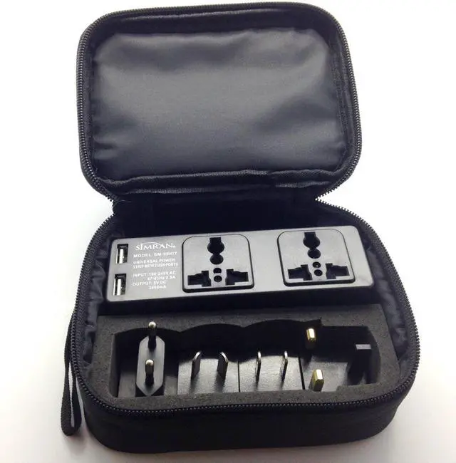 Alt view image 4 of 4 - SM-90KIT Universal Power Strip Worldwide Travel 100V-250V Surge Protector with 2-AC Outlets, 2-USB Ports and UK/USA/AU/EU Plugs Plus Carrying Case
