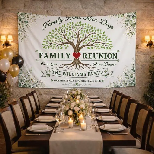 Alt view image 2 of 7 - Personalized Aint No Family Like the One We Got Banner Backdrop Custom Name Blue Watercolor Pine Forest Welcome Sign Reunion Party Decorations Photo Backdrop Decor Wall Hanging Tapestry Art Print