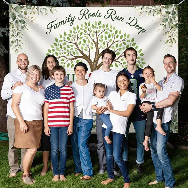Alt view image 4 of 7 - Personalized Aint No Family Like the One We Got Banner Backdrop Custom Name Blue Watercolor Pine Forest Welcome Sign Reunion Party Decorations Photo Backdrop Decor Wall Hanging Tapestry Art Print