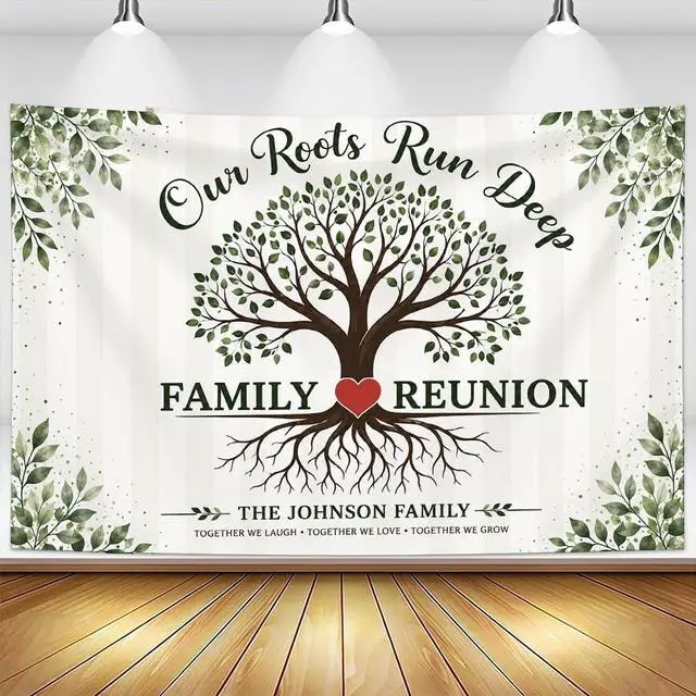 Main image of Personalized Our Roots Run Deep Family Reunion Banner Backdrop Custom Name Tree Heart Floral Border Welcome Sign Party Decorations Photo Backdrop Decor Wall Hanging Tapestry Keepsake Art Print