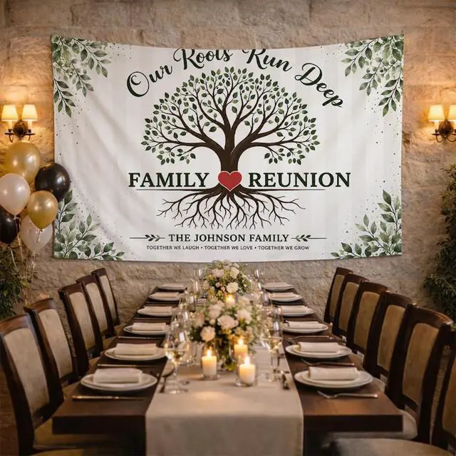 Alt view image 2 of 7 - Personalized Our Roots Run Deep Family Reunion Banner Backdrop Custom Name Tree Heart Floral Border Welcome Sign Party Decorations Photo Backdrop Decor Wall Hanging Tapestry Keepsake Art Print