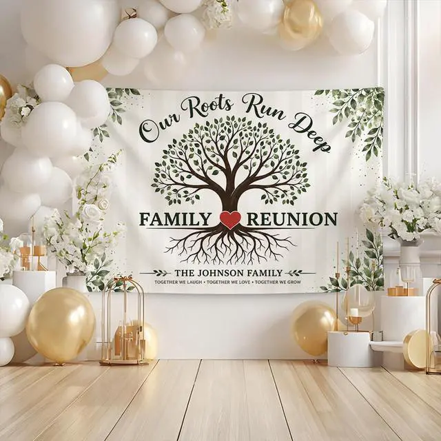 Alt view image 3 of 7 - Personalized Our Roots Run Deep Family Reunion Banner Backdrop Custom Name Tree Heart Floral Border Welcome Sign Party Decorations Photo Backdrop Decor Wall Hanging Tapestry Keepsake Art Print