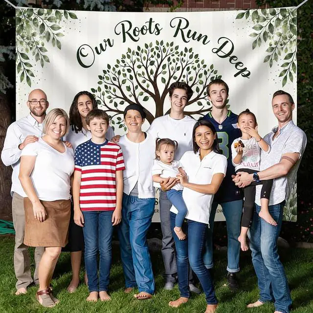 Alt view image 4 of 7 - Personalized Our Roots Run Deep Family Reunion Banner Backdrop Custom Name Tree Heart Floral Border Welcome Sign Party Decorations Photo Backdrop Decor Wall Hanging Tapestry Keepsake Art Print
