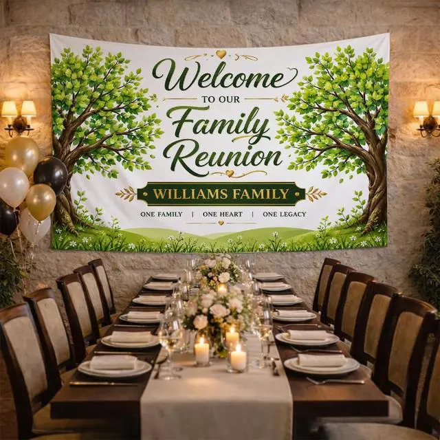 Alt view image 3 of 7 - Personalized Aint No Family Like the One We Got Banner Backdrop Custom Name Blue Watercolor Pine Forest Welcome Sign Reunion Party Decorations Photo Backdrop Decor Wall Hanging Tapestry Art Print